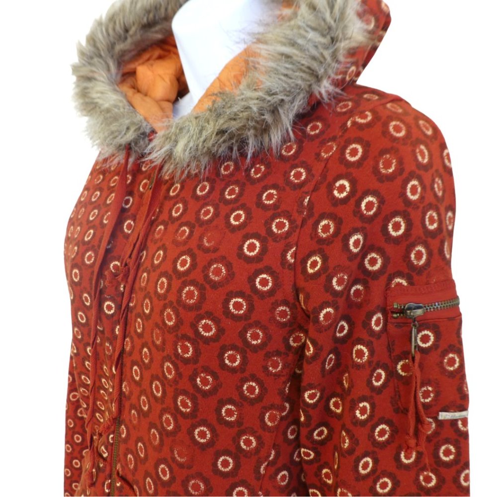 Billabong Quilt Lined Zip Faux Fur Trim Hoodie Jacket Rustic Zip Arm Pocket M